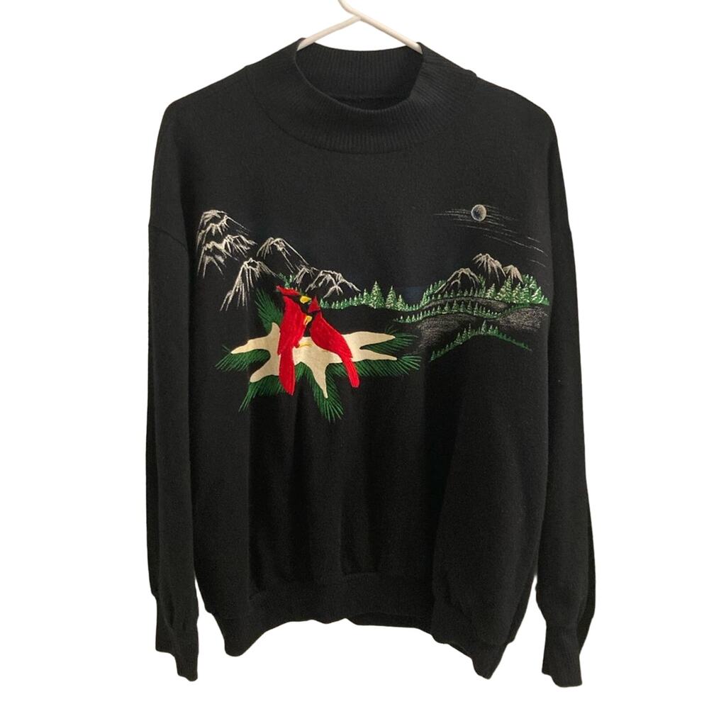 Vintage Navy Blue Mockneck Sweatshirt with Embroidered Cardinals - Size L